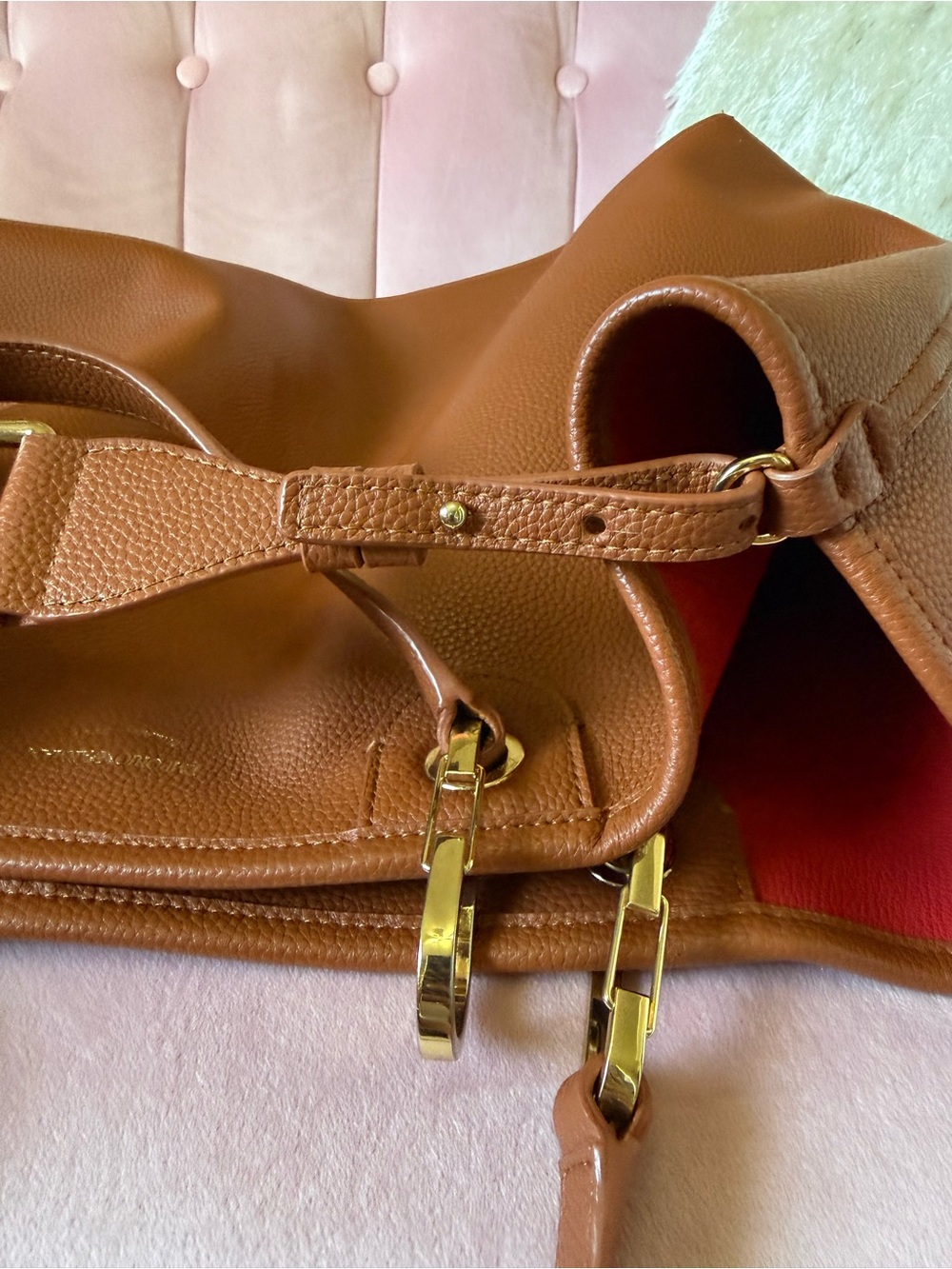 💯Auth! Emporio Armani Saddle Brown Leather Bag Tote Branded Strap Gold Hardware - Picture 16 of 16